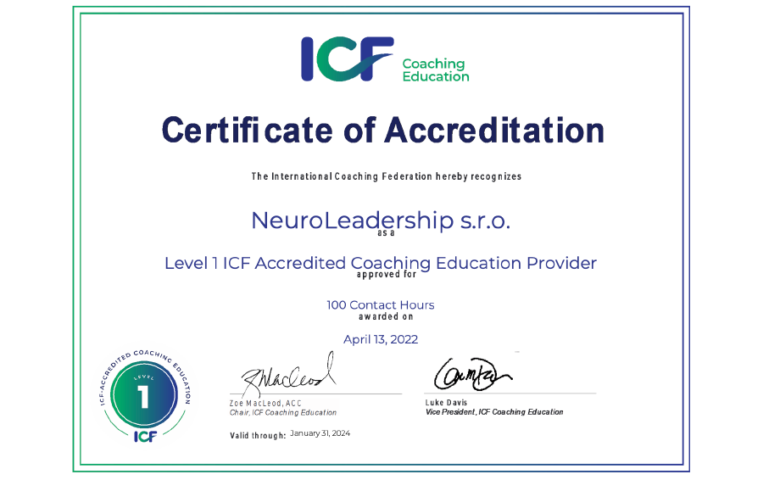 NeuroLeadership - první akreditována instituce pro vzdělávání profesionálních, mezinárodně certifikovaných koučů v Čechách a na Slovensku